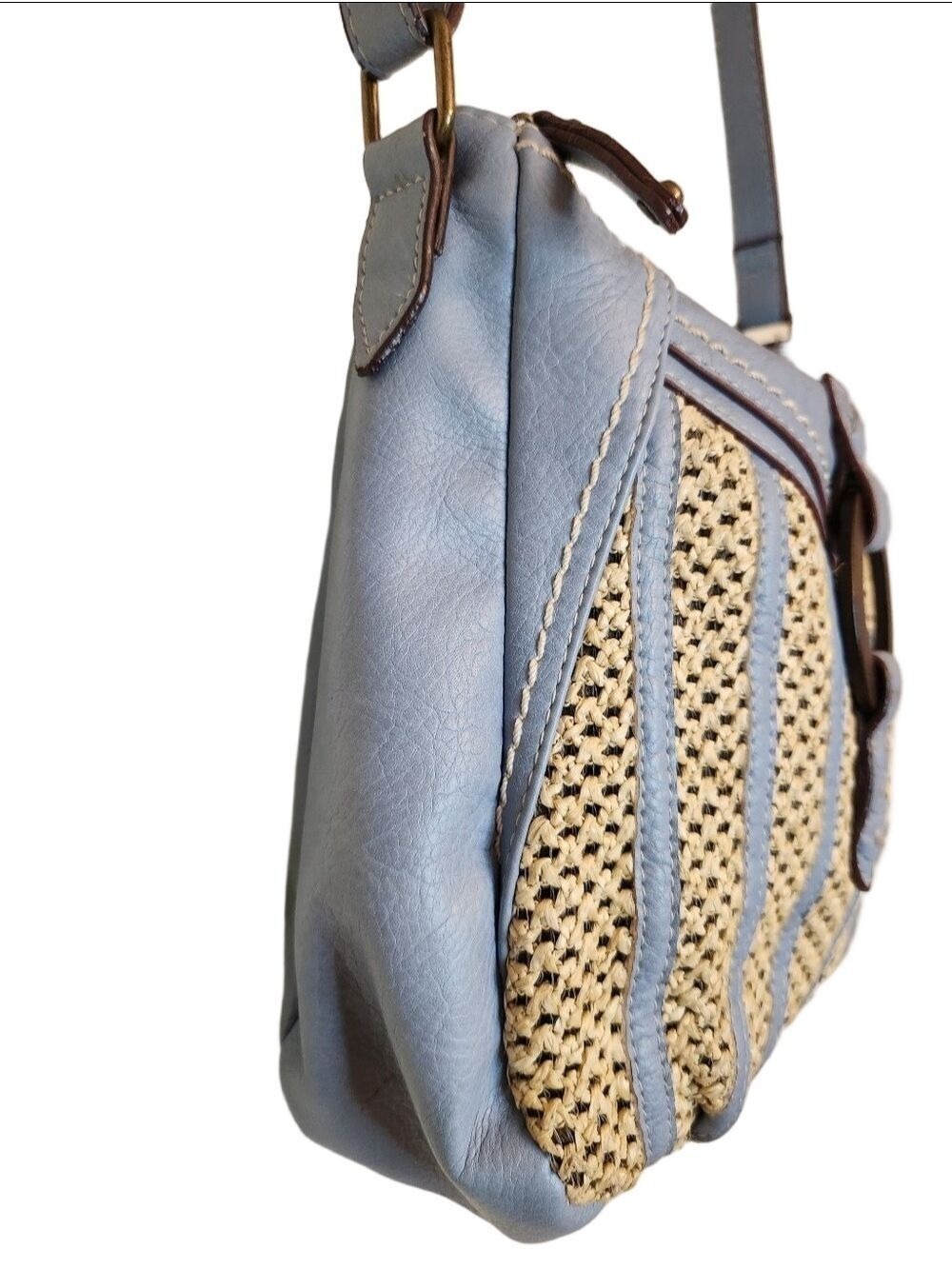 b.ø.c. Born Concept Cornflower Blue Faux Leather & Woven Straw Crossbody Bag - Picture 5 of 16